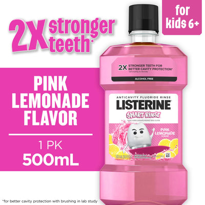 Listerine Smart Rinse Kids Anticavity Mouthwash Pink Lemonade, 500mL