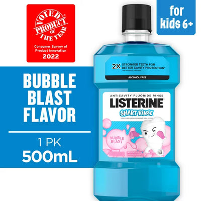Listerine Smart Rinse Kids Anticavity Alcohol Free Mouthwash Bubble Blast, 500mL