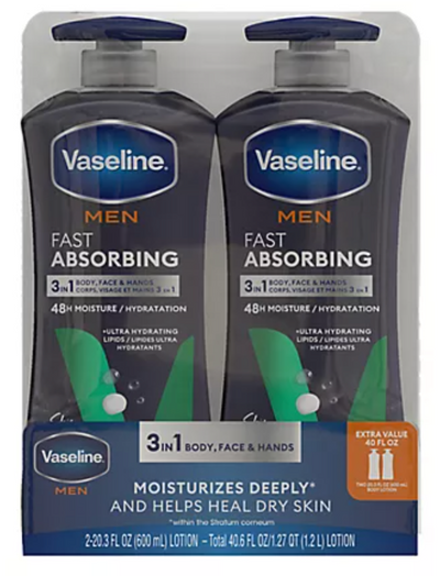 Vaseline Men Fast Absorbing 3-in-1 Face Hands & Body Lotion for Men, 20.3 oz 2pk 1.2L