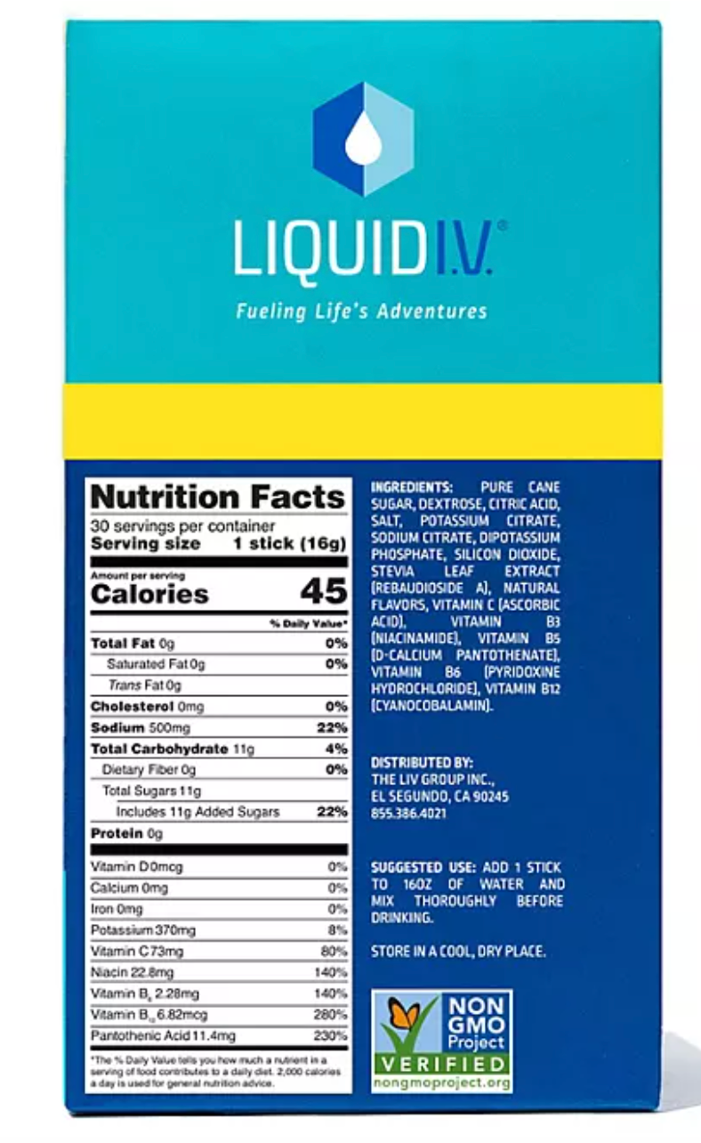 Liquid IV Hydration Multiplier Electrolyte Drink Mix Lemon Lime, 30ct