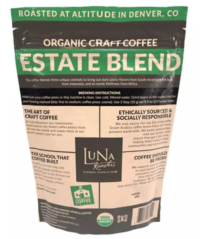 Luna Roasters Organic Estate Blend Craft Whole Bean Coffee Dark Roast, 1.875lb 850g