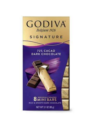 Godiva Signature 72% Cacao Dark Chocolate Mini Bars, 8 Count, 3.1 oz