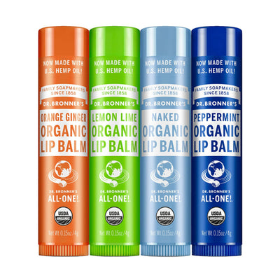 Dr.Bronner's Organic Lip Balm 4-Pack Variety Pack Peppermint, Orange Ginger, Naked, Lemon Lime